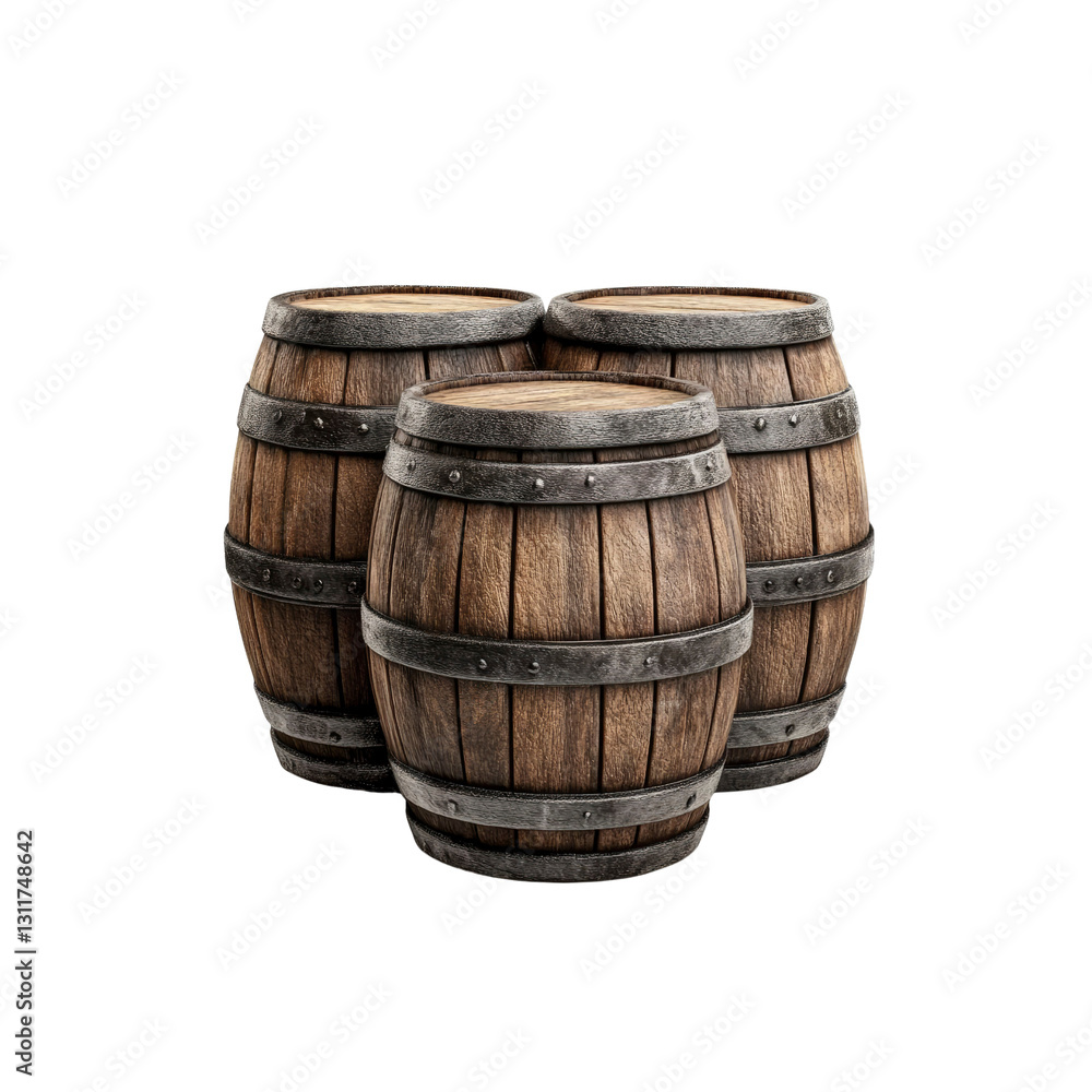 Obraz premium Three Vintage Wooden Barrels with Metal Bands - Isolated on Black