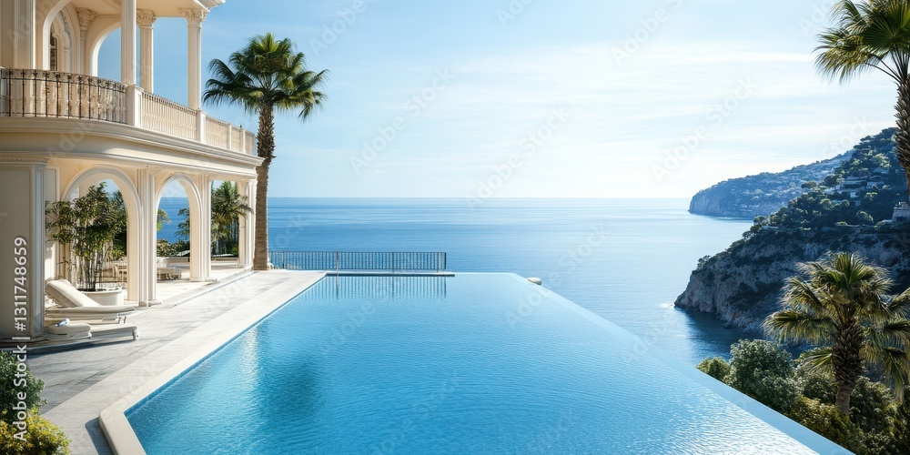 Fototapeta premium Stunning villa with a private pool and palm trees, overlooking the breathtaking Mediterranean Sea.