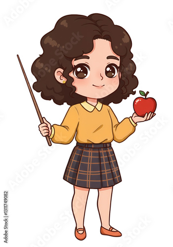 Cute Cartoon Teacher Holding an Apple and Pointing with a Rod isolated on white or transparent png background