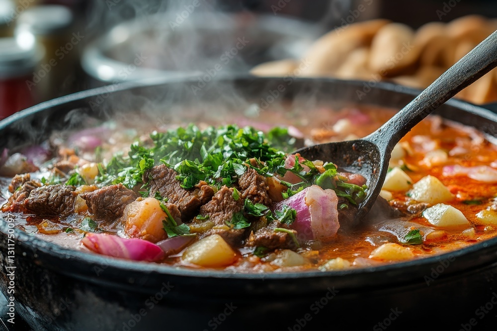 Homemade borscht in a steaming pot with fresh vegetables and beef displayed on a rustic kitchen countertop Homemade borscht in a steaming pot with fresh vegetables and beef displayed on a rustic kitchen countertop