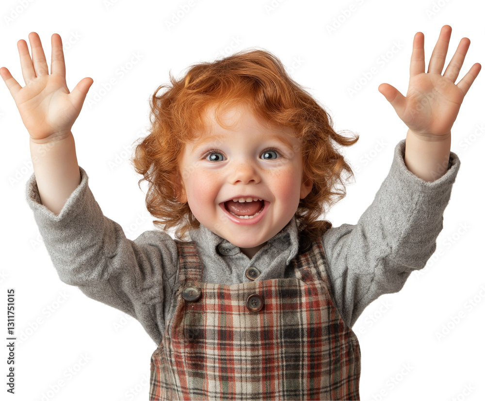 Scottish Toddler With Curly Red Hair In Plaid Overalls Raising Hands And Smiling Widely Scottish Toddler With Curly Red Hair In Plaid Overalls Raising Hands And Smiling Widely