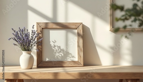 Picture Frame Mockup with Lavender Vase on Wooden Table Display