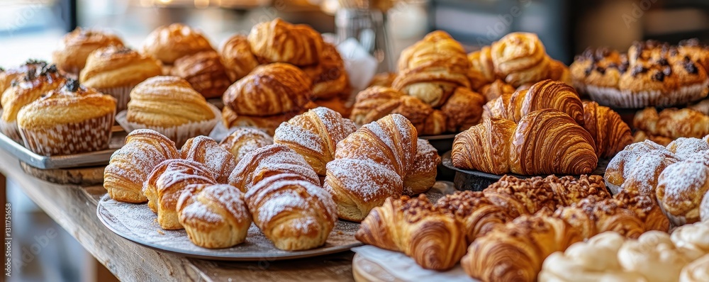 A beautiful array of croissants, muffins, and delicate pastries on a rustic wooden table. A beautiful array of croissants, muffins, and delicate pastries on a rustic wooden table.