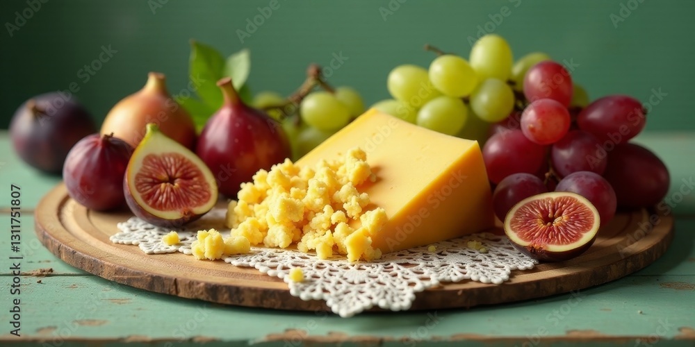 A delectable wedge of aged cheese, accompanied by halved figs and bunches of ripe grapes, artfully arranged on a rustic wooden board with a delicate lace doily. A delectable wedge of aged cheese, accompanied by halved figs and bunches of ripe grapes, artfully arranged on a rustic wooden board with a delicate lace doily.