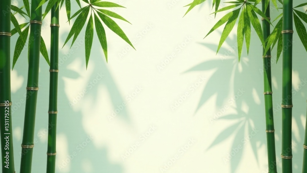 Naklejka premium Serene Bamboo Stalks and Lush Foliage Cast Gentle Shadows Against a Soft, Pale Background