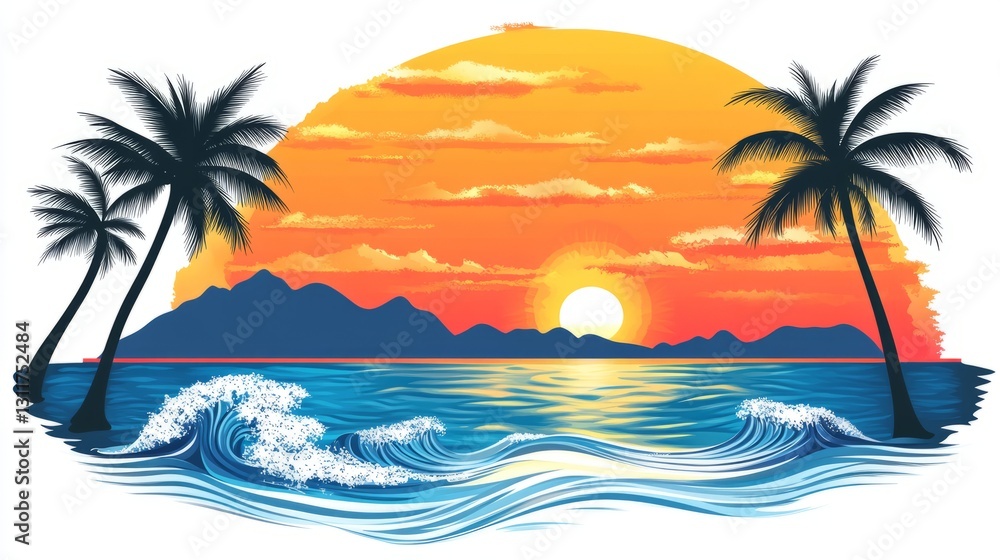 Obraz premium DesignCreativity Vector Design Scene Waves Tropical