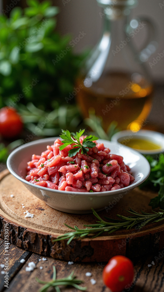 A Captivating Rustic Table Setting Featuring Premium Carne Cruda, Perfect for Culinary Blogs and Gourmet Recipe Books A Captivating Rustic Table Setting Featuring Premium Carne Cruda, Perfect for Culinary Blogs and Gourmet Recipe Books