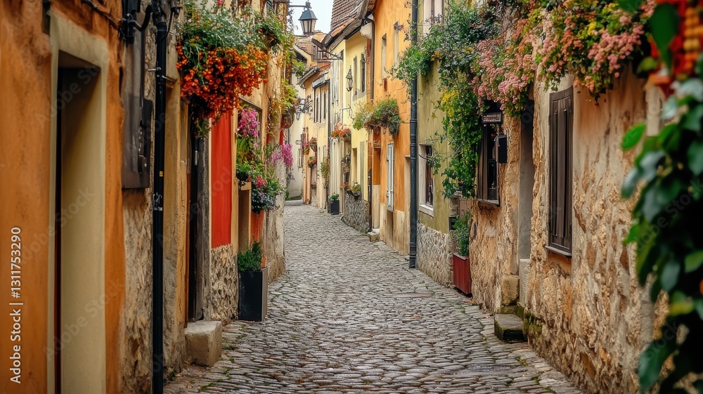 Obraz premium Narrow cobblestone street in a charming old European city, evoking a sense of history and timeless beauty.