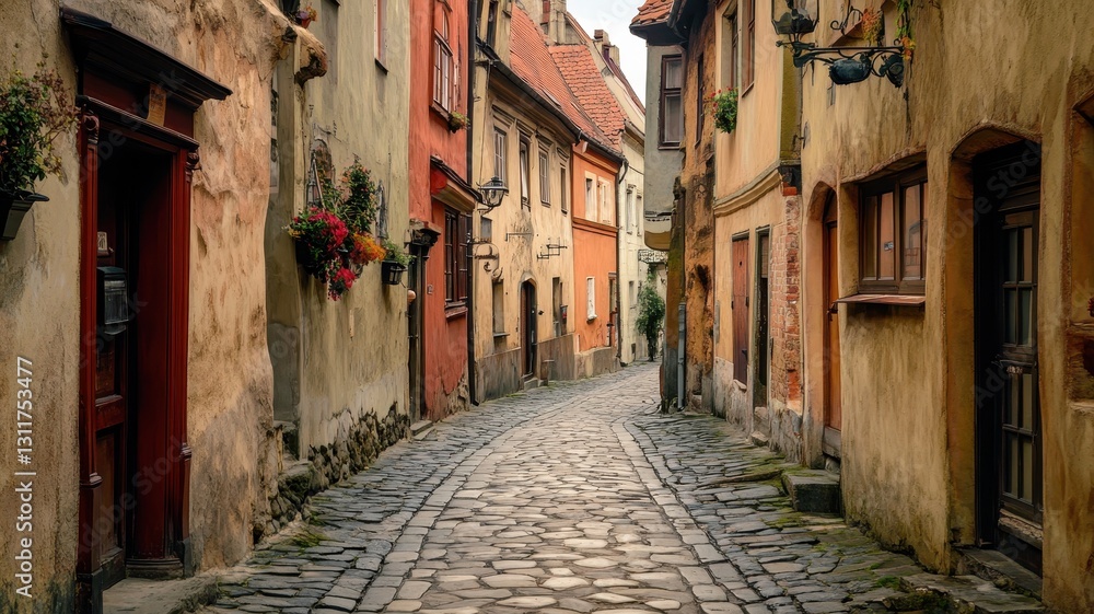 Fototapeta premium Narrow cobblestone street in a charming old European city, evoking a sense of history and timeless beauty.