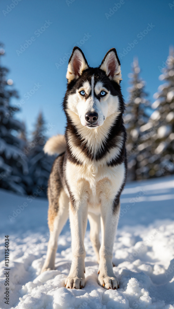 Majestic Siberian Husky in a Snowy Landscape: Perfect for Pet Grooming, Animal Shelters, and Outdoor Gear Promotions Majestic Siberian Husky in a Snowy Landscape: Perfect for Pet Grooming, Animal Shelters, and Outdoor Gear Promotions