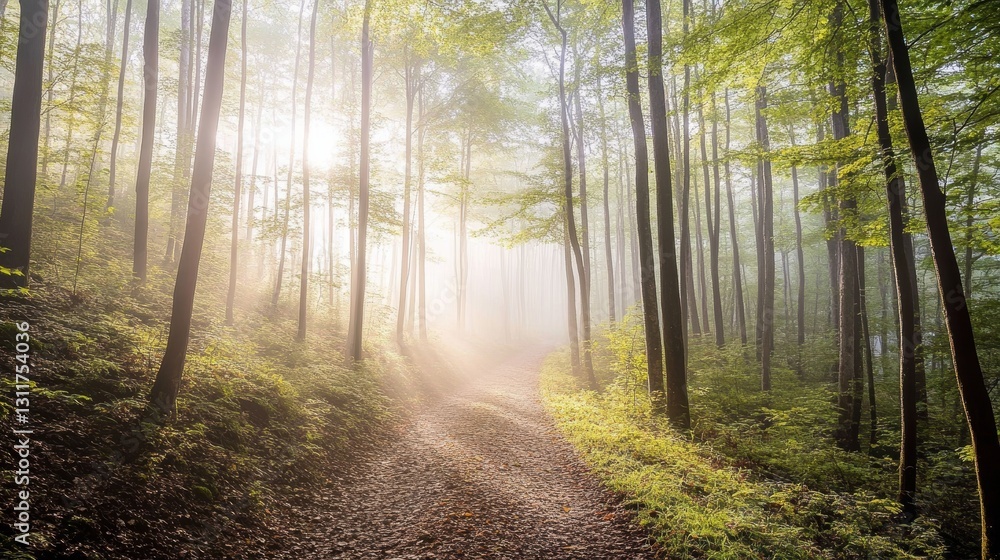 Obraz premium Serene Forest Pathway Bathed in Soft Morning Light with Gentle Mist and Fresh Green Foliage