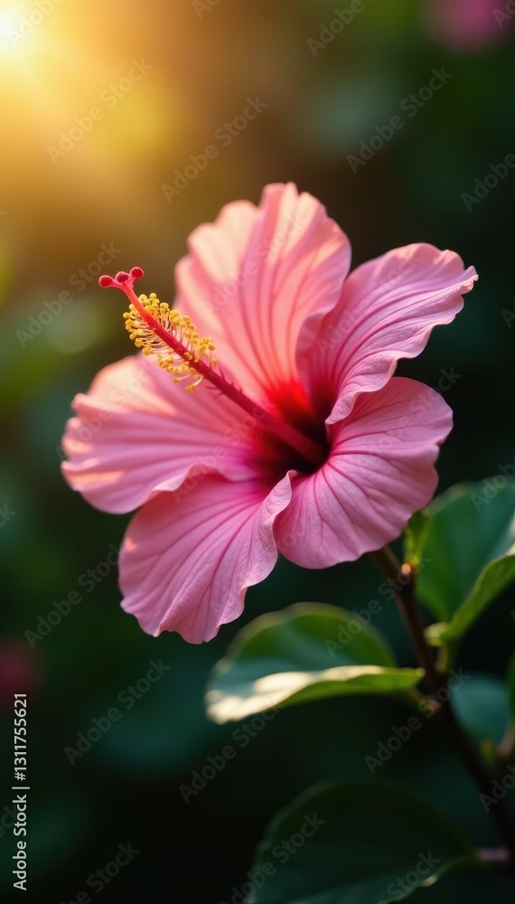 Delicate pink hibiscus, sun rays illuminating petals, element, blossom Delicate pink hibiscus, sun rays illuminating petals, element, blossom