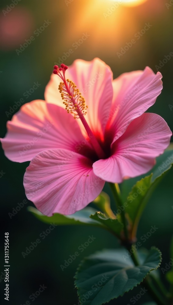 Fototapeta premium Delicate pink hibiscus, sun rays illuminating petals, flora, radiance, plant