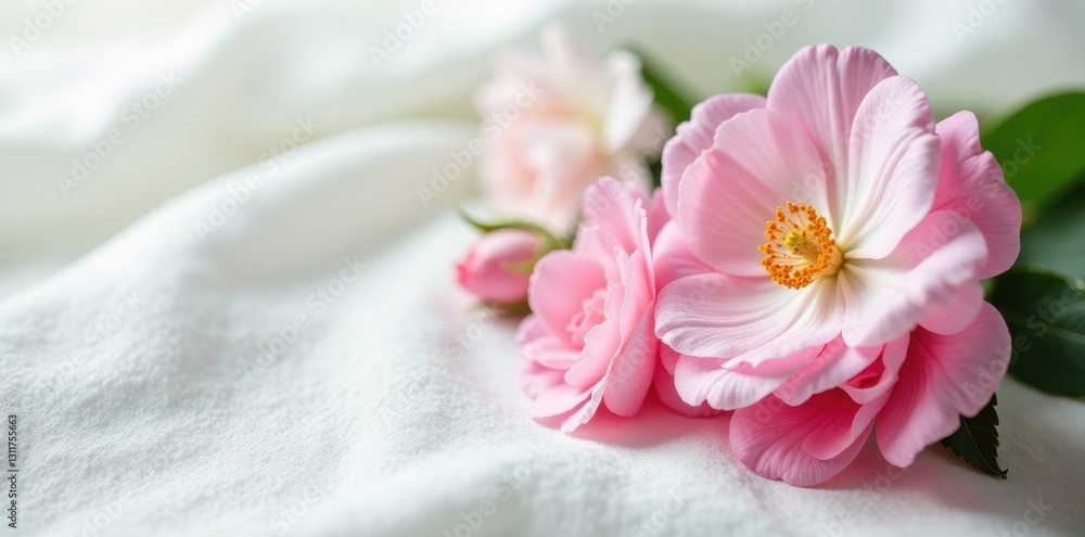 Delicate pink & white blooms, elegantly arranged on crisp white fabric , still life, bouquet, flowers Delicate pink & white blooms, elegantly arranged on crisp white fabric , still life, bouquet, flowers