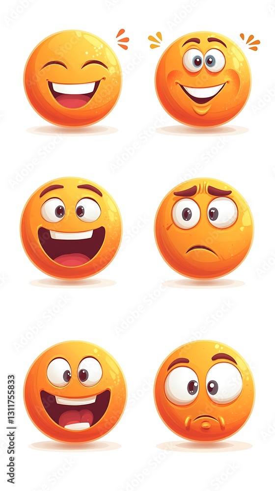 Fototapeta premium Six orange emoticon faces showing different emotions.