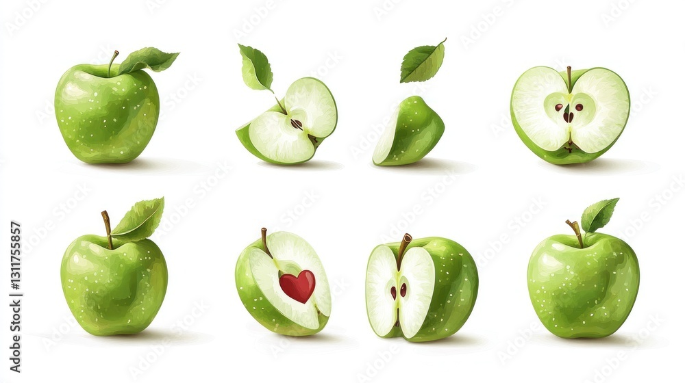 Green apples, whole and sliced, with heart-shaped core, digitally rendered Green apples, whole and sliced, with heart-shaped core, digitally rendered