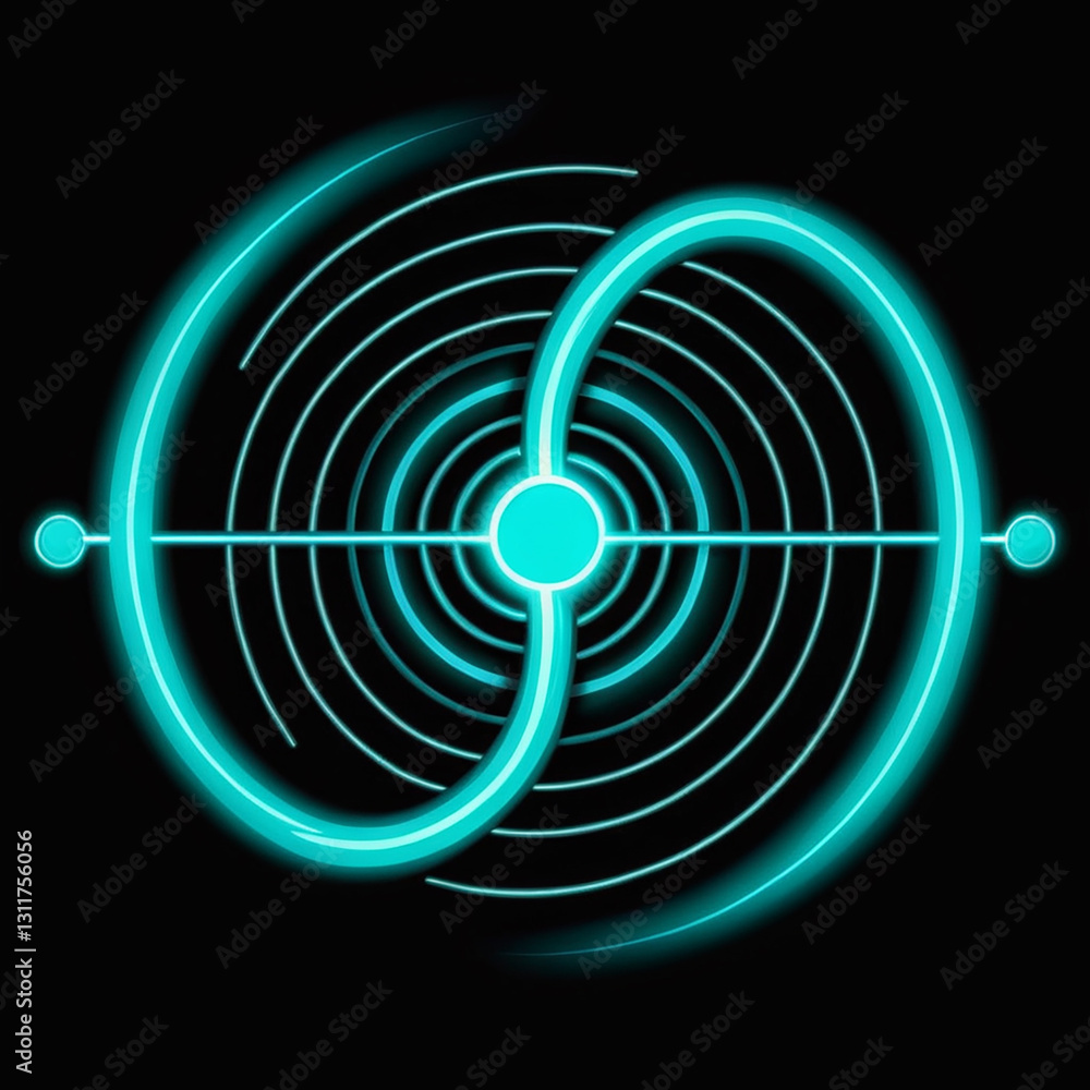 Glowing teal circular abstract design with concentric circles and lines on a black background. Glowing teal circular abstract design with concentric circles and lines on a black background.