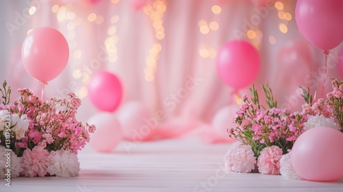 Pink Birthday Party Background with Balloons and Flowers