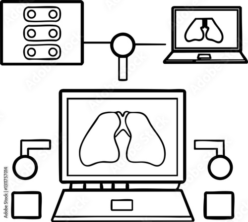 This image depicts a computer interface showing lung illustrations, connected to various devices, suggesting a focus on respiratory health technology.