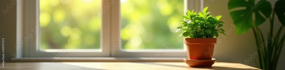 Green plant in terracotta pot on wooden table by sunlit window, window light, foliage, image Green plant in terracotta pot on wooden table by sunlit window, window light, foliage, image