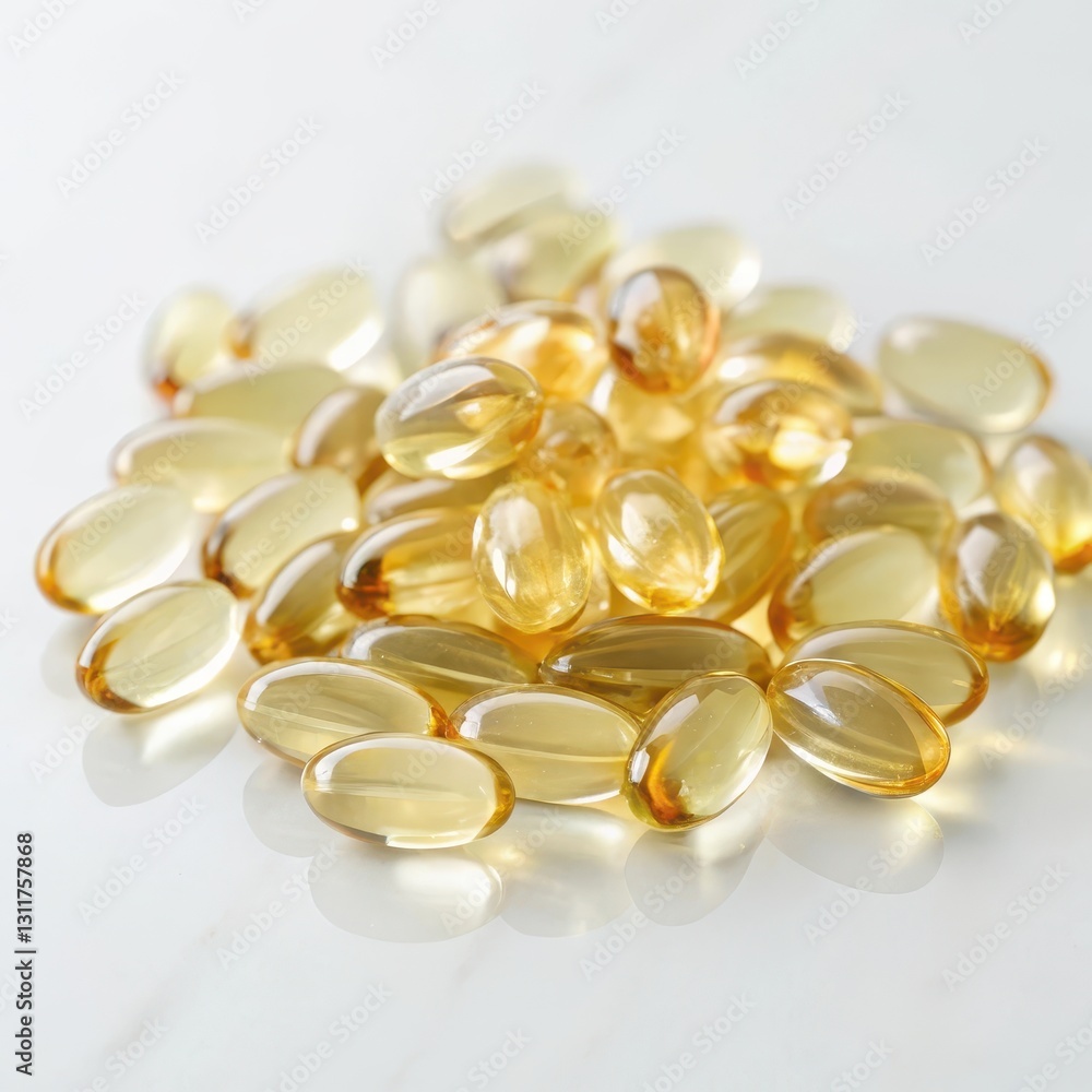 Translucent yellow capsules on a light surface. Translucent yellow capsules on a light surface.