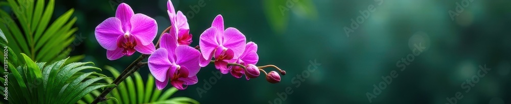 Fototapeta premium Luxurious purple orchids & vibrant green ferns , texture, dark