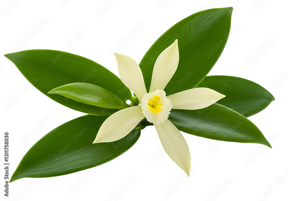 Close-up of a beautiful vanilla orchid flower with lush green leaves. isolated on white or transparent png background