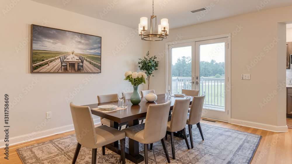Fototapeta premium Hosting-ready dining room, cozy living room hosting setup, minimalist hosting table