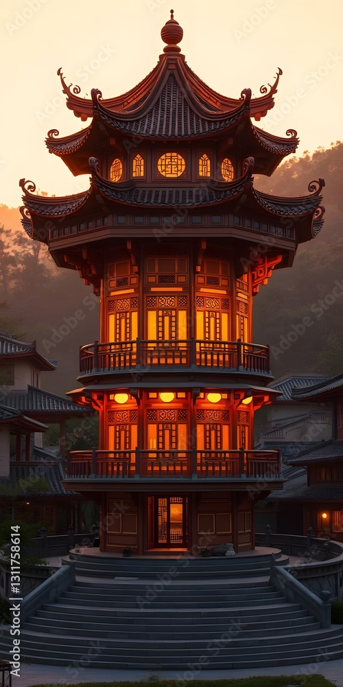Fototapeta premium Dong Ethnic Drum Tower Bathed in Golden Sunset Light in Zhaoxing, Guizhou