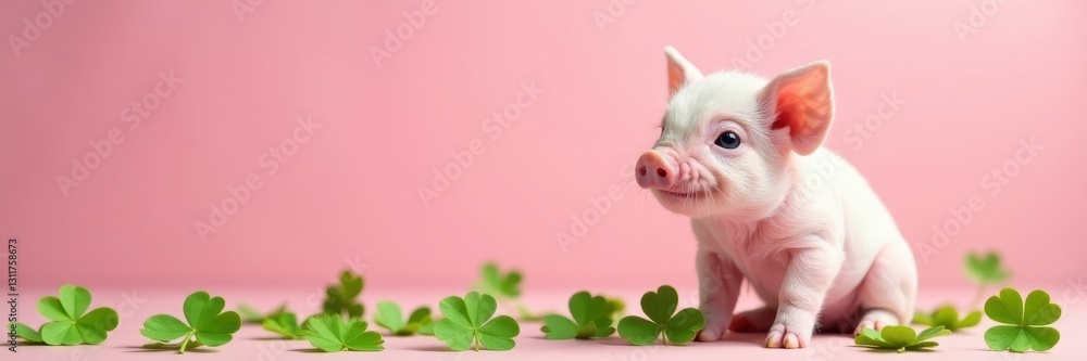 Pink background, adorable piglet, lucky clovers , suidae, spring, cute pig Pink background, adorable piglet, lucky clovers , suidae, spring, cute pig