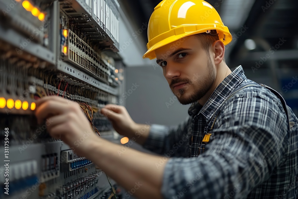 Electrician working on industrial electrical panel. Electrician working on industrial electrical panel.