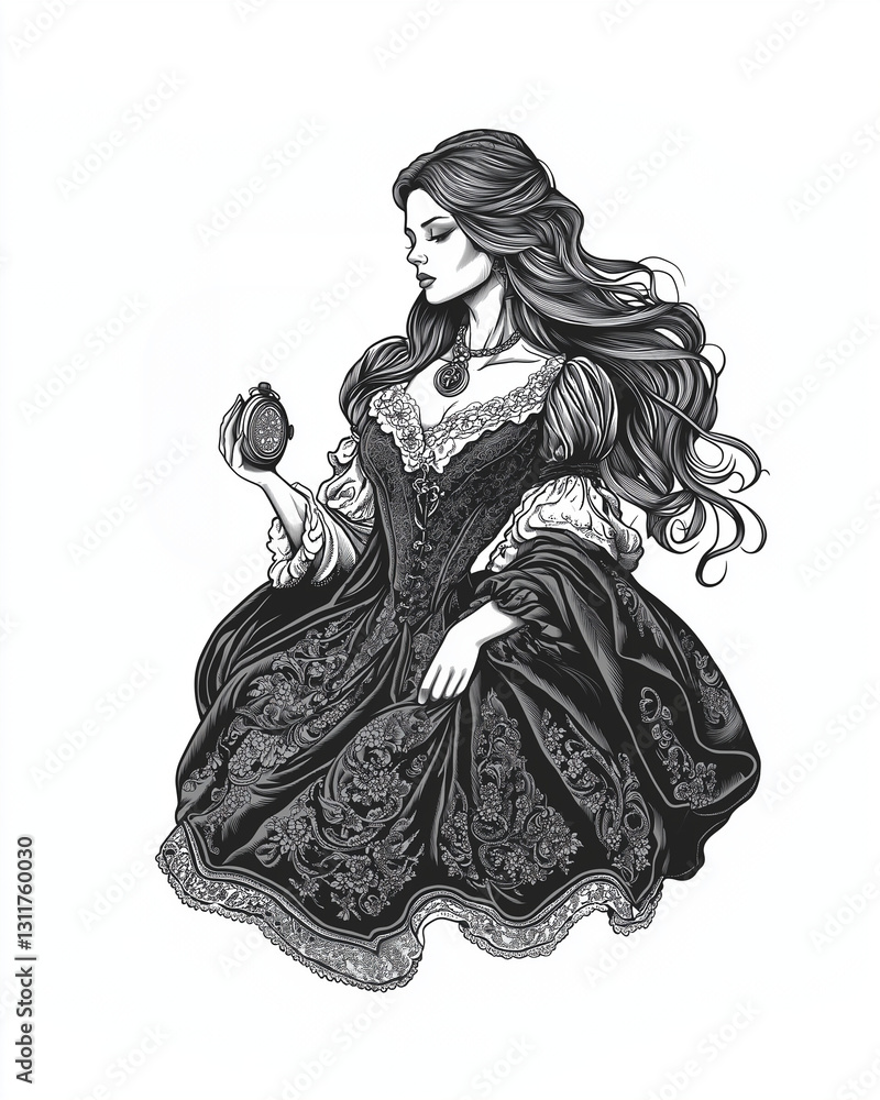 Fototapeta premium Enigmatic woman with long flowing hair in a Victorian lace gown, holding an ornate pocket watch, engraving and scratch board style sketch, black and white illustration