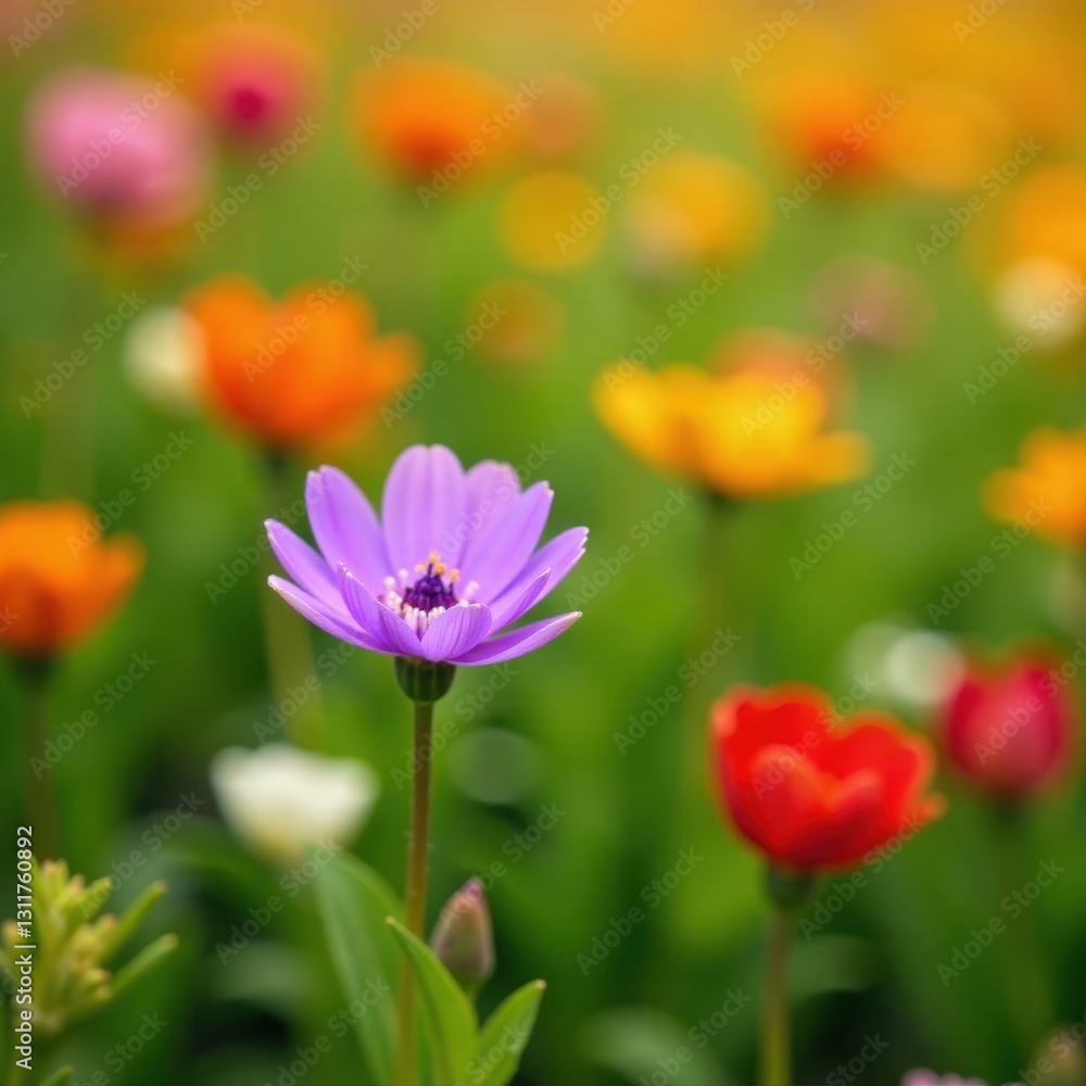 Solitary purple bloom atop vibrant floral bed , texture, spring Solitary purple bloom atop vibrant floral bed , texture, spring
