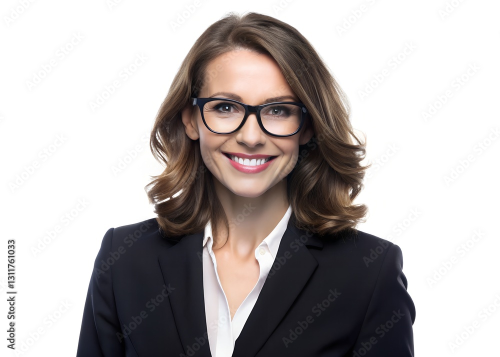 Fototapeta premium Confident businesswoman in a tailored black blazer, professional hairstyle, stylish glasses, warm and approachable smile, isolated on a white background
