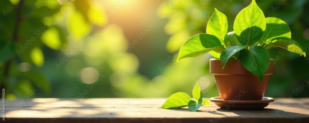 Sun-drenched leaves, ceramic pot, sunlight dappled tabletop, texture, green Sun-drenched leaves, ceramic pot, sunlight dappled tabletop, texture, green