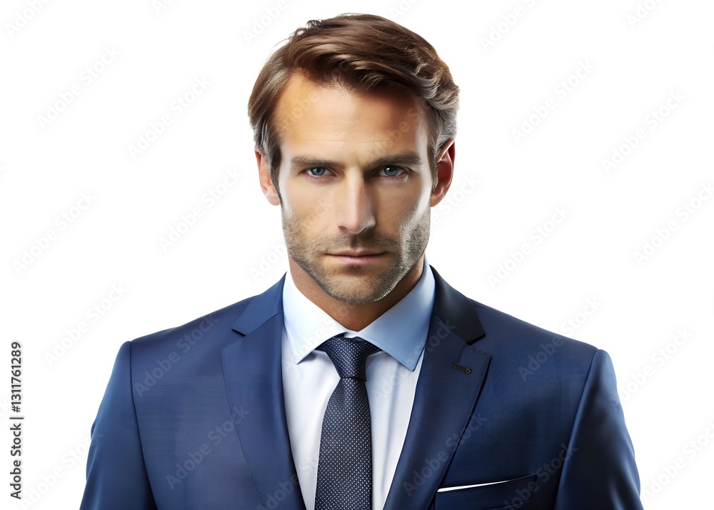 Corporate executive in a sharp navy-blue suit, serious yet welcoming expression, well-groomed appearance, isolated on a white background Corporate executive in a sharp navy-blue suit, serious yet welcoming expression, well-groomed appearance, isolated on a white background