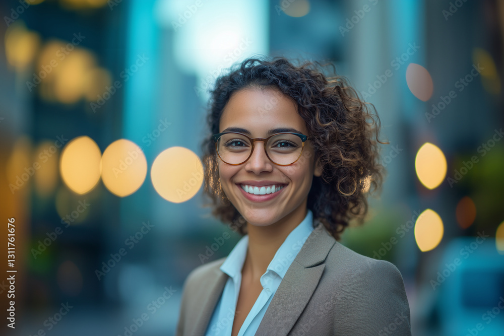 A Young smiling businesswoman posing confidently, dressed in modern business clothes, against a backdrop of tech city with illuminated office building. Inovation, Startup, Bank, Fintech. A Young smiling businesswoman posing confidently, dressed in modern business clothes, against a backdrop of tech city with illuminated office building. Inovation, Startup, Bank, Fintech.