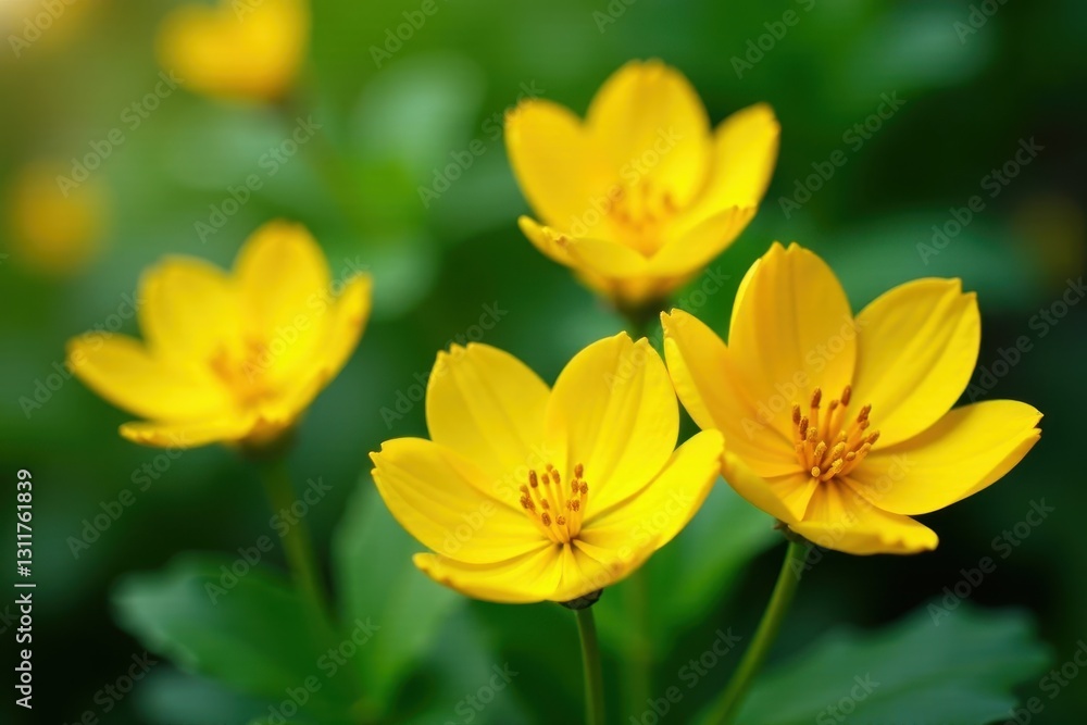 Three vibrant yellow blooms in lush garden bed, sunlight, trio Three vibrant yellow blooms in lush garden bed, sunlight, trio