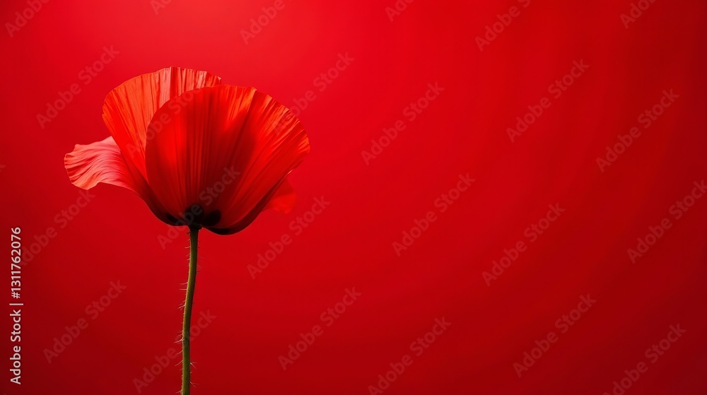 Fototapeta premium A single crimson poppy flower, elegantly poised against a vibrant red backdrop, creates a striking visual composition.