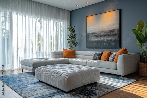 Minimalist, Mid century Modern Interior Design in a living room with walls and sofas with art frames hanging. Generative AI
