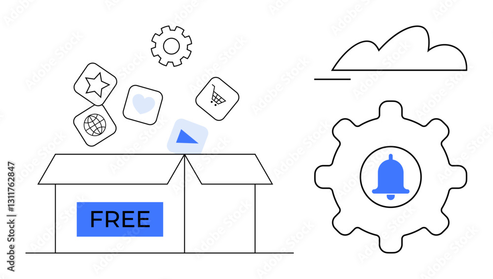 Open box labeled free with floating app-style icons, settings gear, cloud, and notification bell. Ideal for technology, SaaS, apps, cloud storage customization marketing digital tools. Flat simple Open box labeled free with floating app-style icons, settings gear, cloud, and notification bell. Ideal for technology, SaaS, apps, cloud storage customization marketing digital tools. Flat simple