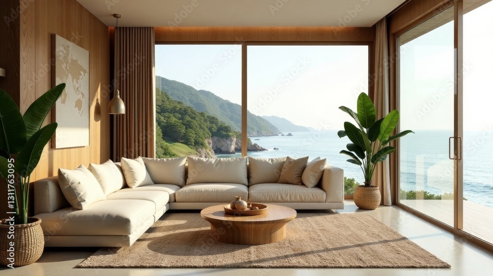 Coastal Living Room Design with Ocean View and Natural Decor Coastal Living Room Design with Ocean View and Natural Decor