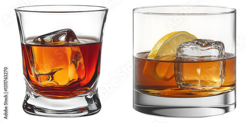 Two whiskey glasses filled with ice and amber liquid, showcasing a refreshing drink perfect for any occasion. Transparent PNG background