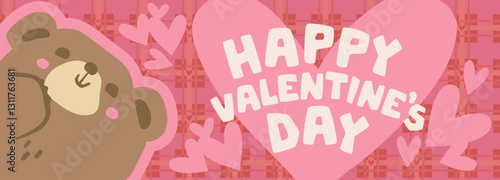 Happy Valentine's Day Pink Banner Bear and Heart. Cute Hand Drawn Graphics for Card, Banner, Poster Design