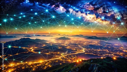 Vintage Glowing Network Landscape: Interconnected Digital World