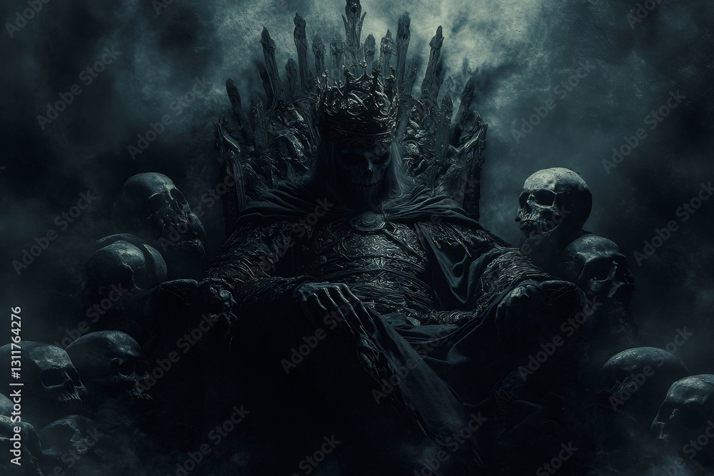 Fototapeta premium The Dark Throne: A formidable king sits on a throne crafted from dark and ominous materials, surrounded by skulls, conveying a chilling sense of power, dominance, and a touch of foreboding.