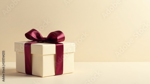 A pristine off-white gift box adorned with a rich burgundy ribbon, a symbol of thoughtful presentation and celebratory gifting