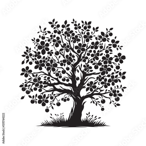 Crabapple Tree Silhouette - Tree Design - Crabapple tree Vector - Illustration of Crabapple Tree.