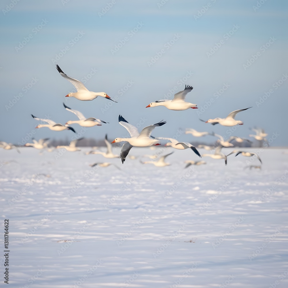 A Flock of Snow Geese Flying Gracefully Over a Snow covered Field, Under a Soft Winter Sky A Flock of Snow Geese Flying Gracefully Over a Snow covered Field, Under a Soft Winter Sky