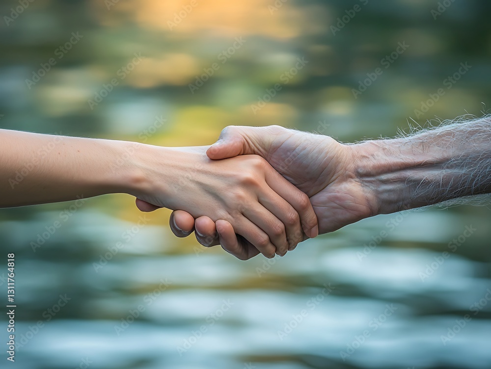 Two hands of different ages shaking, symbolizing connection and unity Two hands of different ages shaking, symbolizing connection and unity